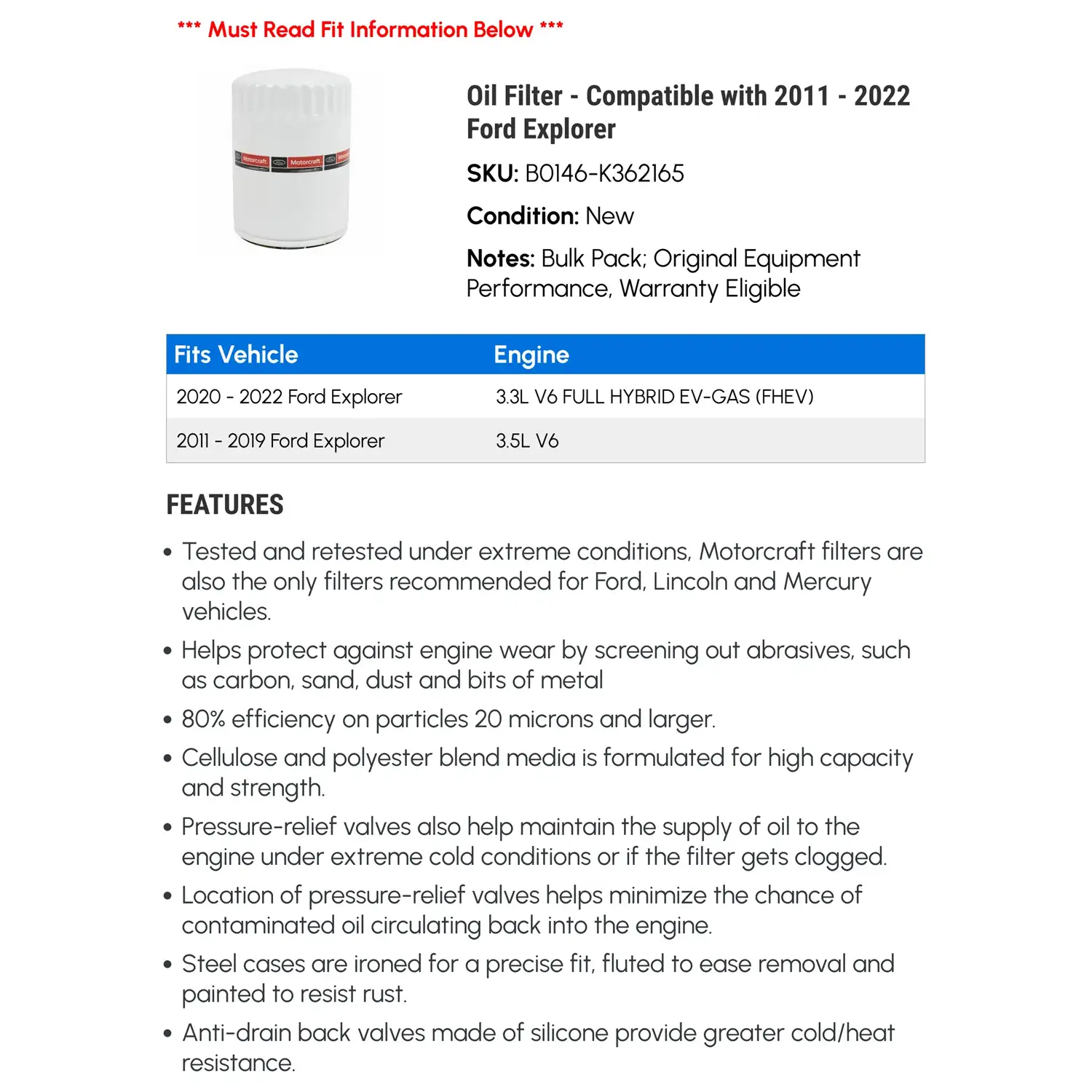 Oil Filter - Compatible with 2011 - 2022 Ford - Görsel 2